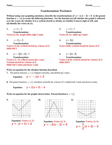 transformations of functions worksheet answers